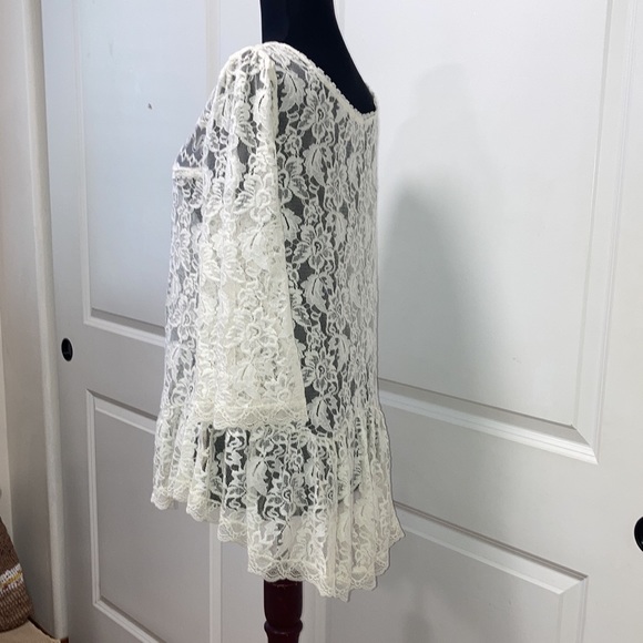 NEW FREE PEOPLE Sheer Lace White Peasant Tunic Blouse Sexy Babydoll Hi-Low Top S - Picture 4 of 13